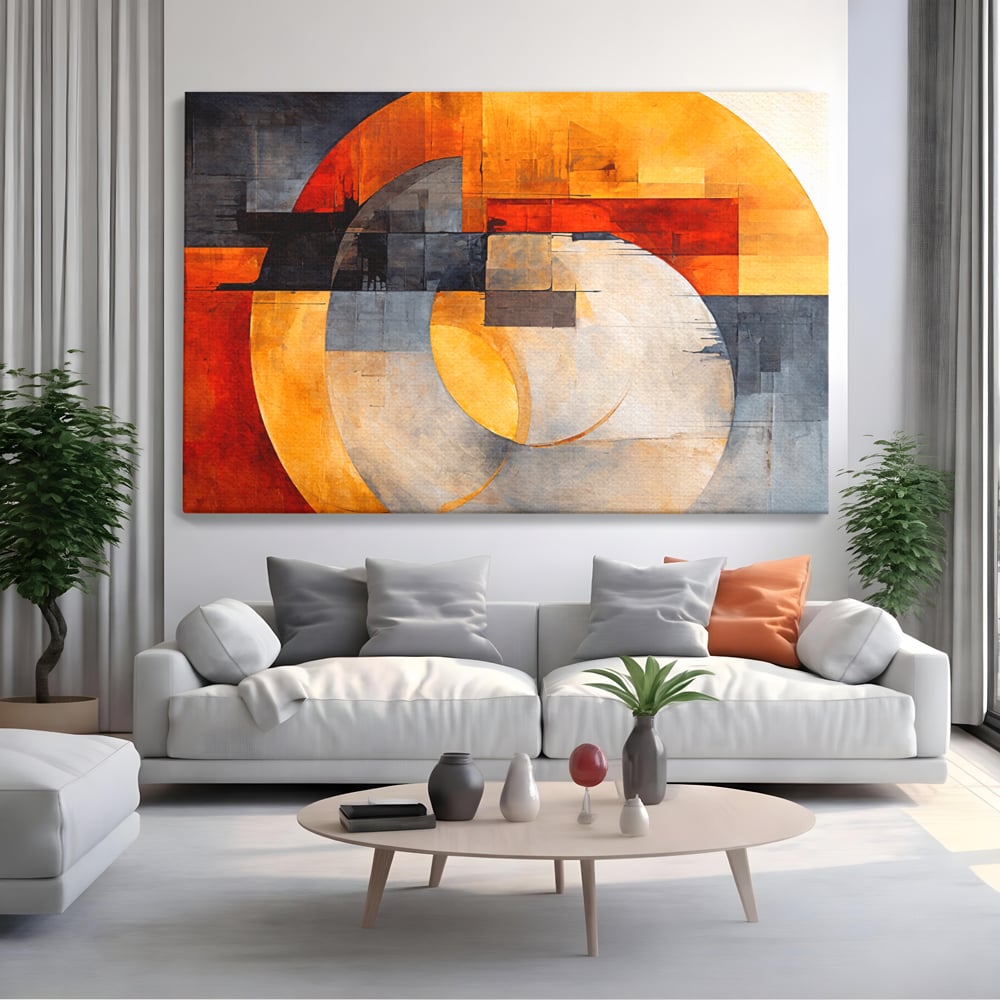 Tablou canvas cu tablou canvas cu compozitie geometrica abstracta, fara rama, pe sasiu de lemn, pe perete intr-un living